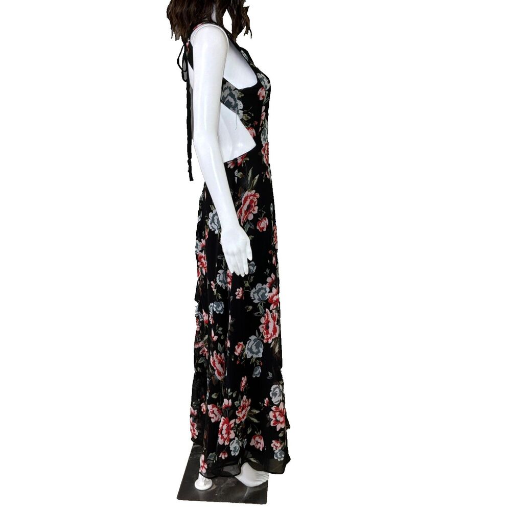 Zara Floral Black Maxi Dress cut out back women’s size M zips in back tie @ neck